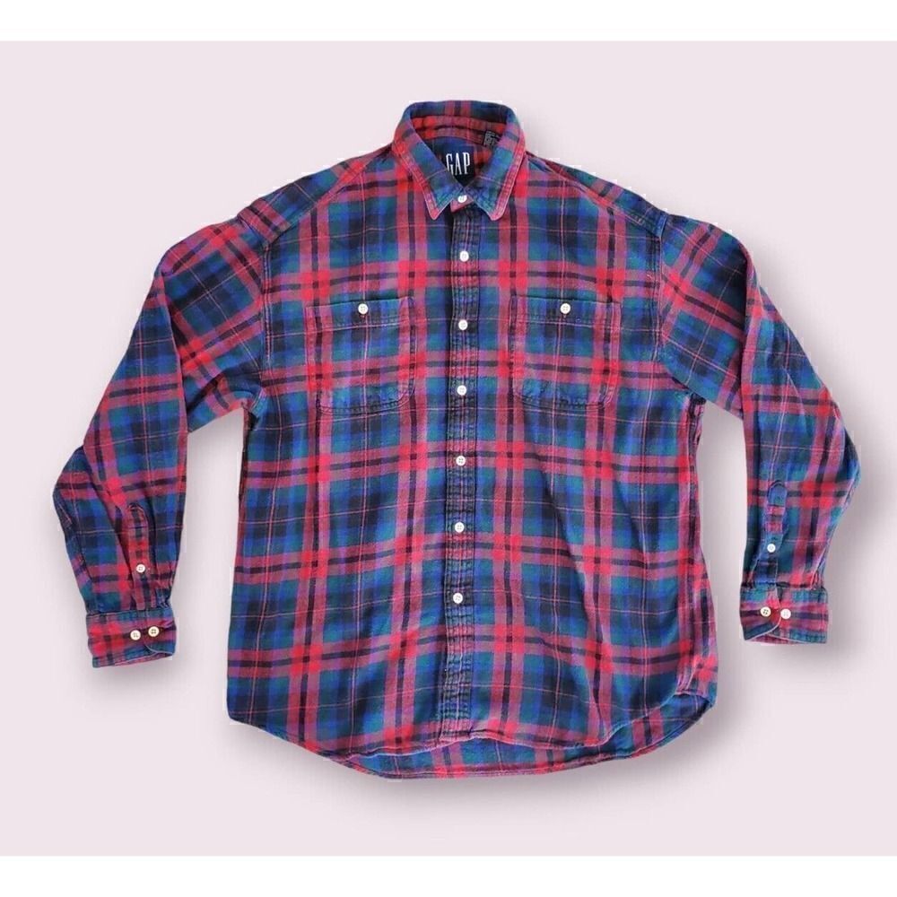 GAP Mens Large Flannel Collared Button Double Pocketed Shirt Plaid Vintage 90s